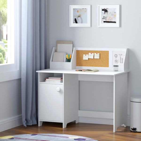 Kids Study Desk with Storage, Wooden Children School Study Table with Hutch and Storage Cabinet for 3 8 Years Girls Boys, Student's Study Computer Workstation Writing Table, White